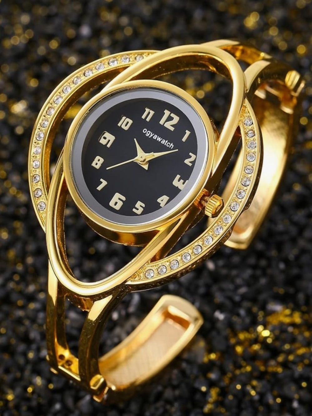 Anthropologie Gold Crystal-Accented Bangle Watch with Black Dial